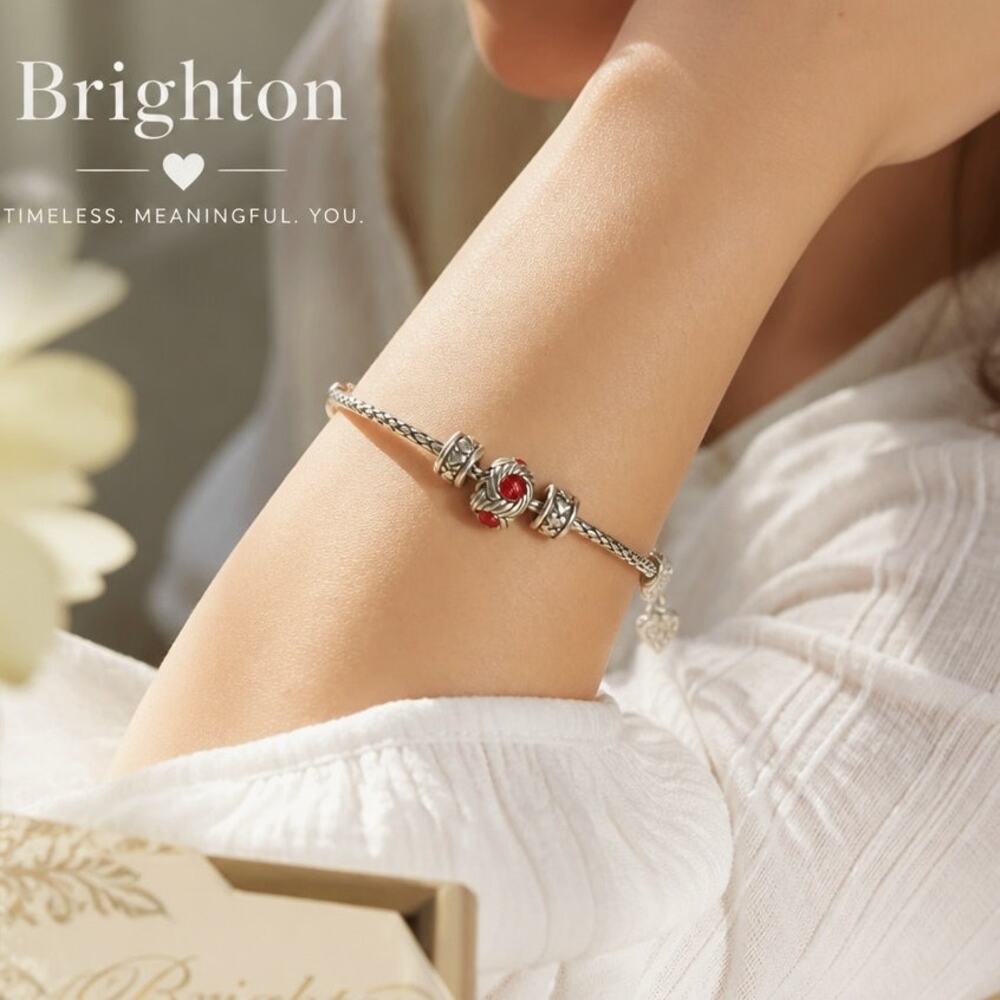 Brighton Silver Tone Slide Charm Bracelet Red Crystal Hearts Adjustable #J35532
